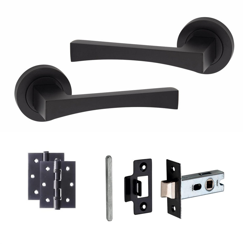 Golden Grace 4 Pairs Wave Design Door Handles Latch on Round Rose in Matt Black Finish with 2.5" Tubular Latch and 3" Ball Bearing Hinges - 52mm Diameter