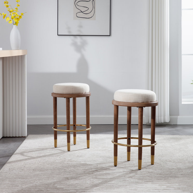 Modern Upholstered Bar Stool Without Backrest With Gold Ring Stirrups, Linen - Beige Seat/ Brown Frame