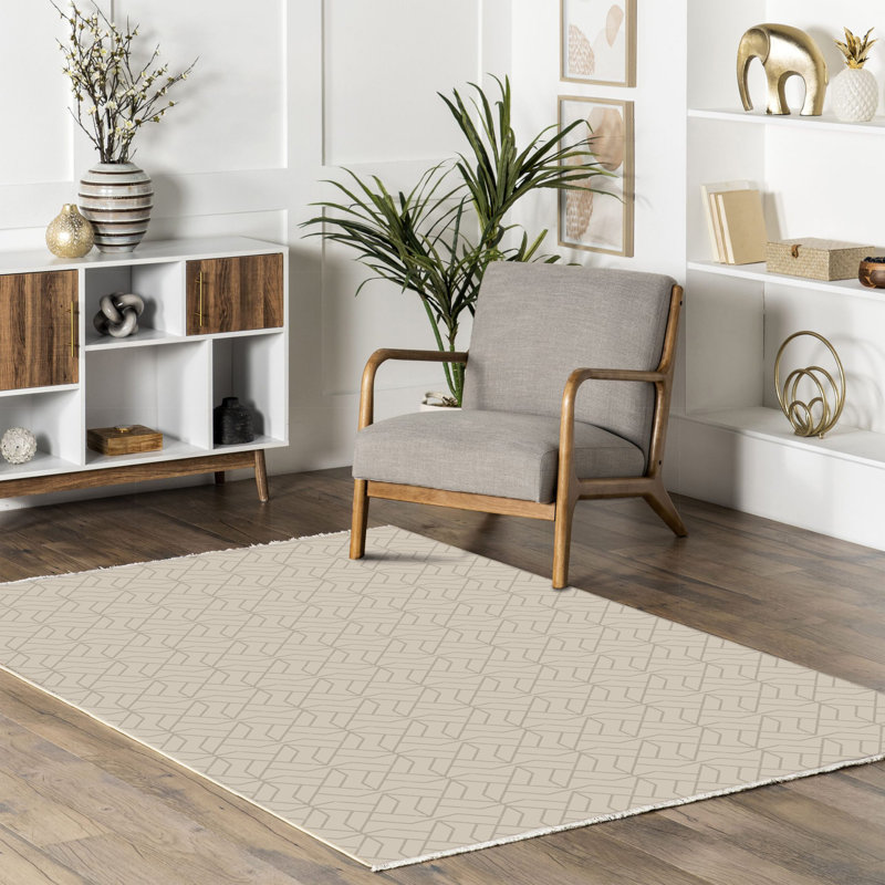 Pender Cream Beige Geometric Cotton Chenille Area Rug, Rectangle 5'3" x 9'11"