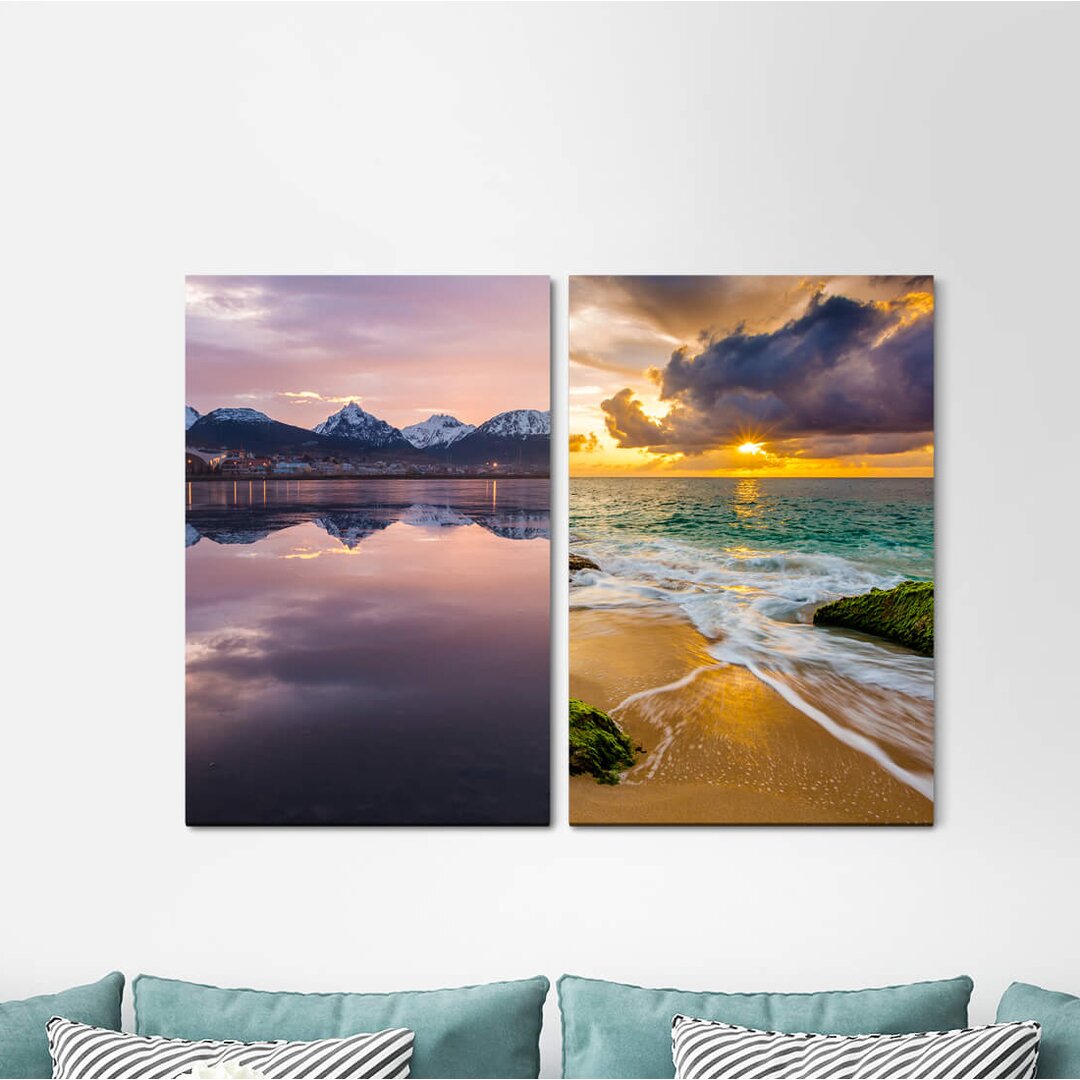 2-tlg. Leinwandbilder-Set - Fotografie „Mountains Sea Horizon Sunset Silence Calm Healing”