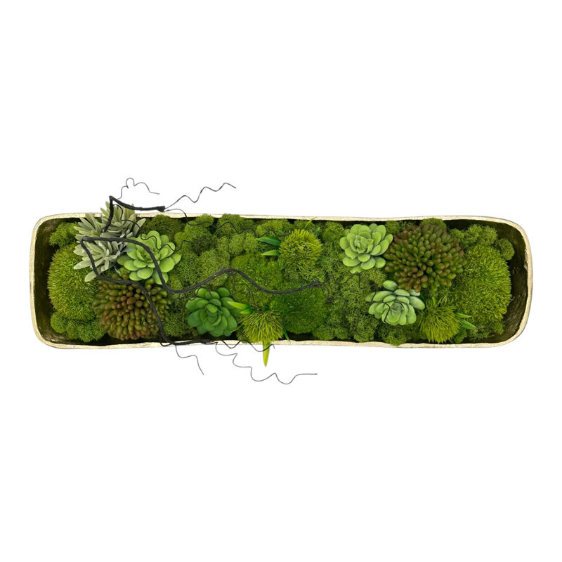 Succulent Design in Gold Long Rounded Metal Vase