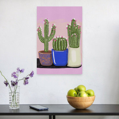 Blooming Potted Cacti Modern Abstract Contemporary Cactus Succulent Flower Landscape Wall Art Print by Nicholas - Wrapped Canvas Print