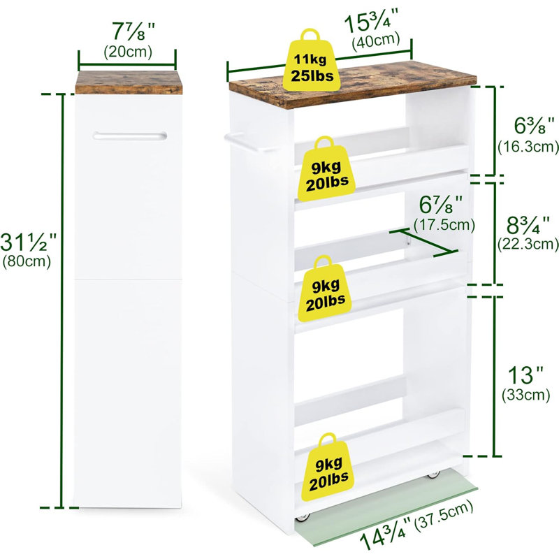 4 Tier White Slim Storage Cart with Handle, 7.9''W Slide Out Storage Rolling Utility Cart, 31.5" H x 15.7" W x 7.9" D