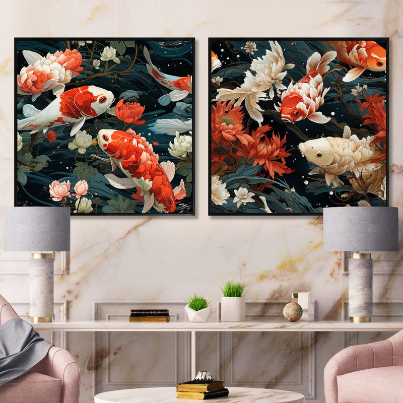 Vallarie - Ensemble de 2 animaux carrés, collage de poissons, Cadre flottant noir, H 16 po x l 33 po