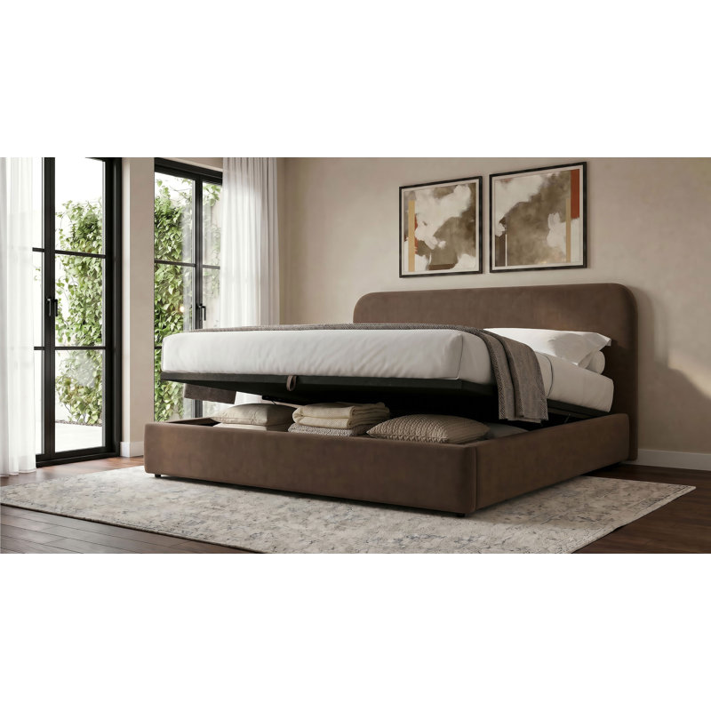 Lit plateforme tapissier avec rangement Anders, Chocolate, Queen