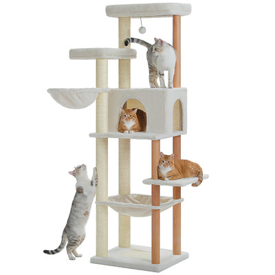Large Cat Tree, 73 Inches Tall Wooden Cat Tower With 2 Spacious Hammocks,2 Big Top Beds,8 Fully Scratching Posts And Natural Wood Posts, Multi Cat Tree For Indoor Cats Large Adult-XL