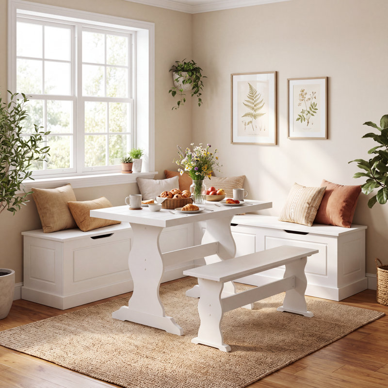 Farmhouse Breakfast Nook Dining Set with Storage Bench, White/Brown