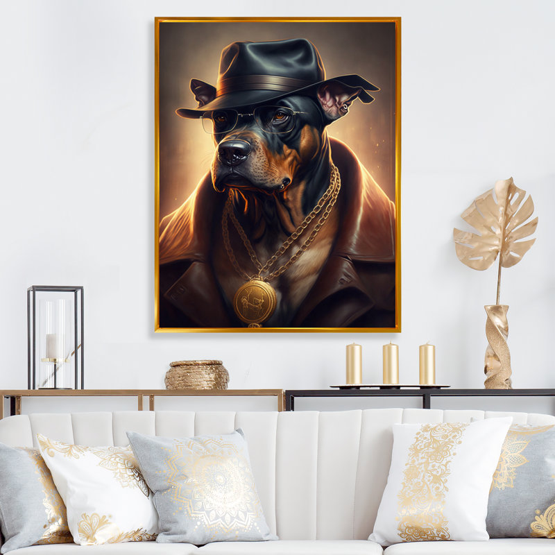 «Mafia Dog III», impression sur toile, H 40 po x l 30 po x P 1,5 po, Toile avec cadre flottant or