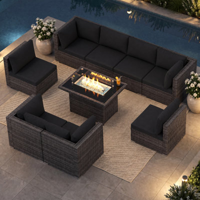 9-Piece PE Wicker Patio Conversation Set with Rectangular Fire Pit Table, Modular Sectional, Dual-Fuel, 60,000 BTU