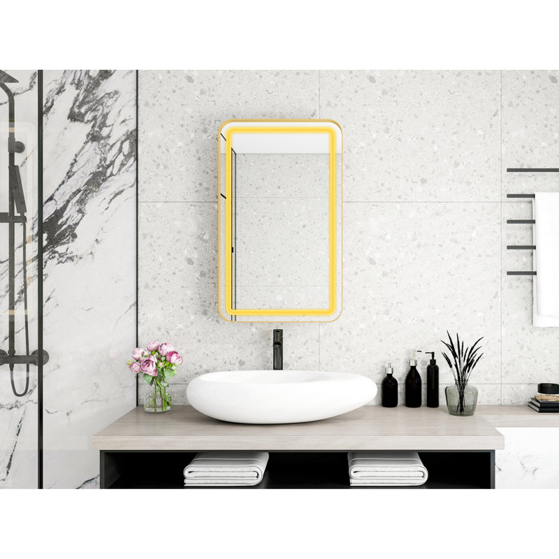 Golden Wall - Mounted Rectangle Medicine Mirror With Storage, Lighting, 2 Removable Tempered Glass Shelves, 3 Colour Options, Magnetic Closure Modern Lights, Led, Door