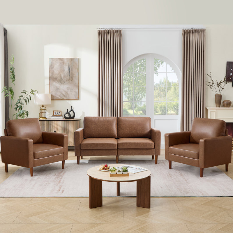 Modern 2 Accent Chairs And Loveseat Living Room Set, Mid-Century Upholstered Furniture, Brown Faux Leather