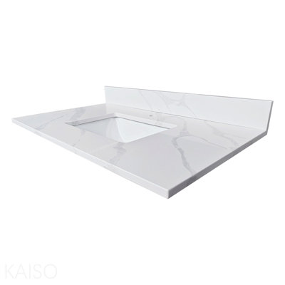 Bathroom Storage - 37-inch Quartz Bathroom Vanity Top, 3/4" Thick with Undermount Single Bowl Middle Sink, 4 Inch High Backsplash, 1 Pre-Drilled Faucet Hole, Stain & Heat Resistant, Carrara White Quartz with Veins