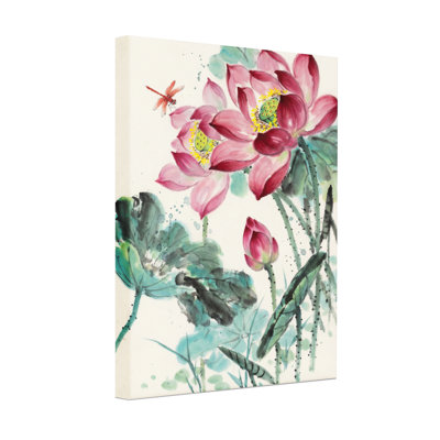 Ensemble de 1 tableau sur toile tendue à l'aquarelle représentant des fleurs de lotus et une libellule
