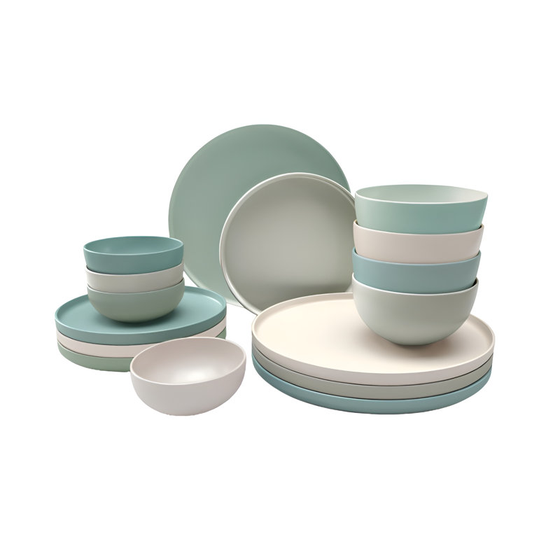 Service de table en grès 16 pièces Sango Rollo, Beige / Bleu / Vert