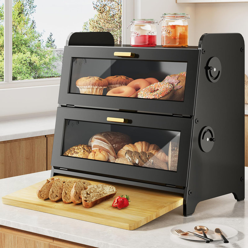 Countertop Bread Storage Container With Bamboo Cutting Board And Adjustable Vent, Black