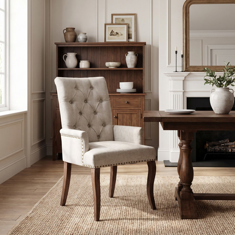 Fauteuil de salle à manger d'appoint élégant, capitonné, en tissu chenille, avec pieds en bois massif courbés., Beige