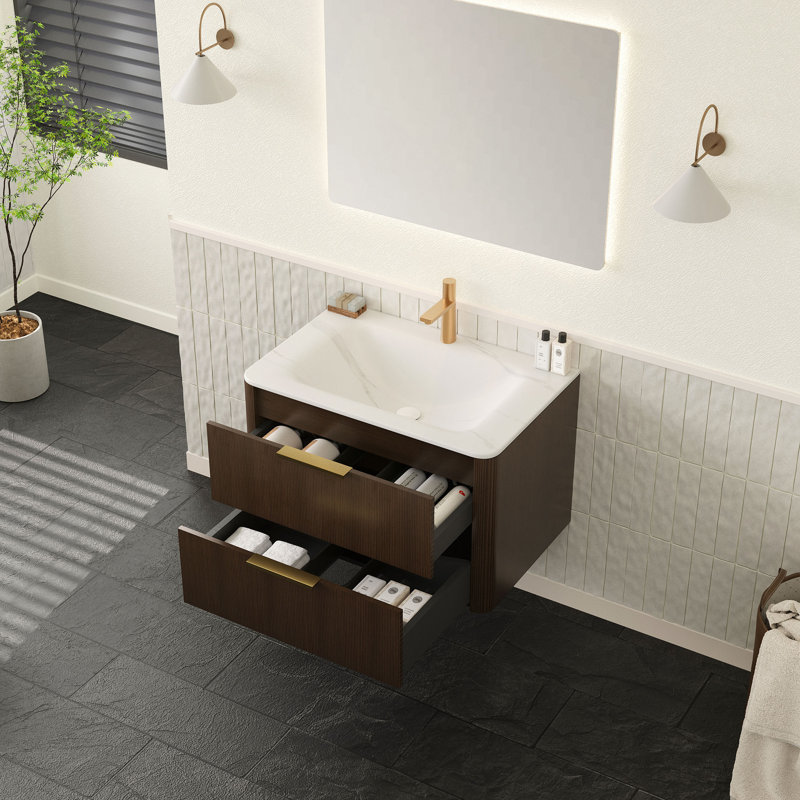 Meuble-lavabo 30 avec lavabo, armoire de rangement flottante en contreplaqué ultra-rayé avec tiroirs, lavabo intégré en pierre frittée blanche Carrara, pré-assemblé