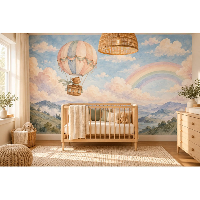 Bear Balloon Wallpaper Mural, Peel and Stick Kids Room Wall Mural, Watercolor Hot Air Balloon Nursery Wallpaper, 305 x 254 cm