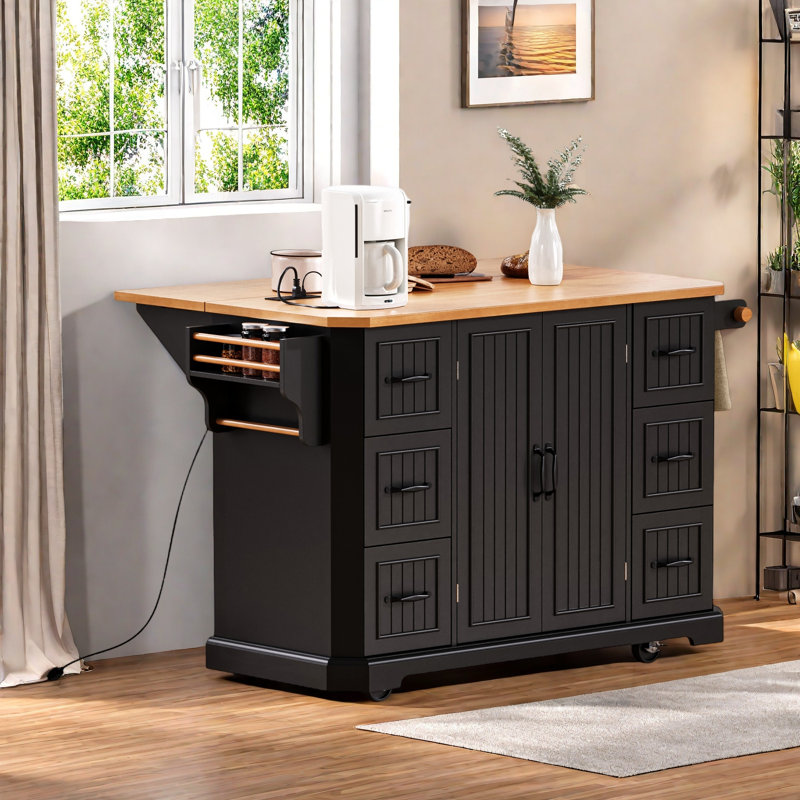 Rolling Kitchen Island With Wood Drop Leaf, Power Outlet, 4 Door Shelves, Embossed Vertical Stripe Design, 6 Deep Drawers, Spice Rack And Towel Rack