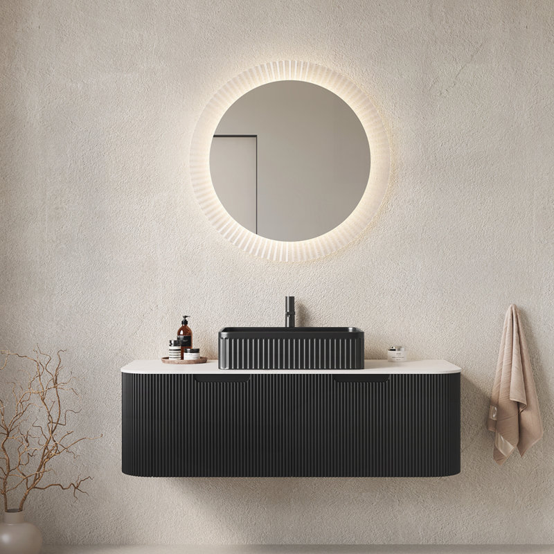 Armoire de salle de bain 48 po avec lavabo, meuble de rangement mural à bordures courbes et flottantes avec tiroir, Noir, 48"