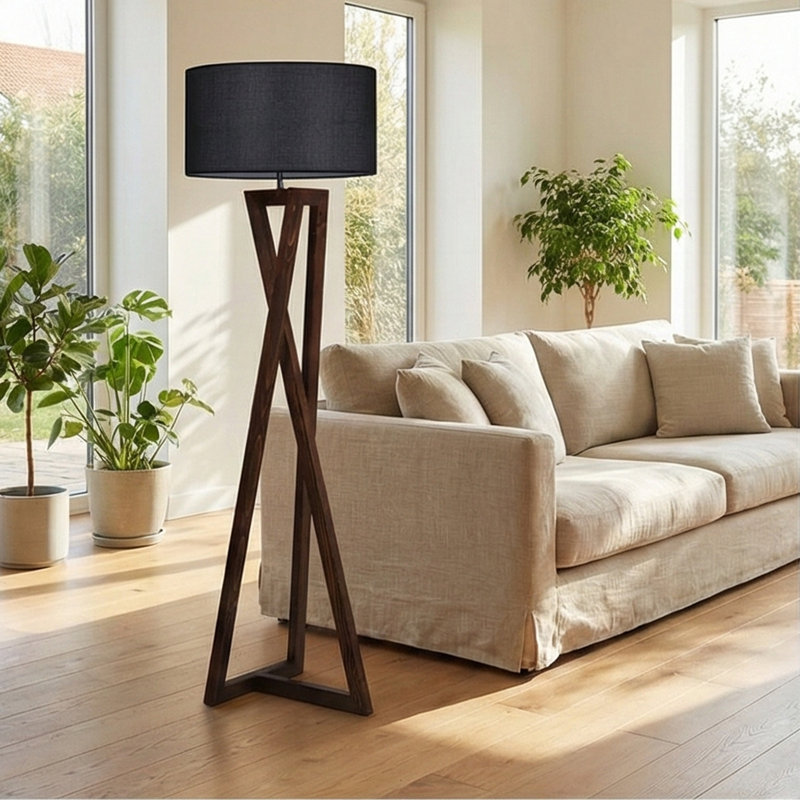 Lampe sur pied Jahzair, Noir, Noyer