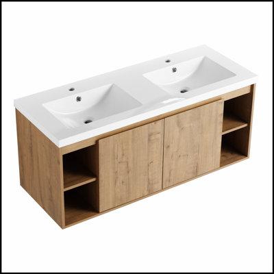 Meuble-lavabo mural avec lavabo double et portes à fermeture douce, alliant style moderne et efficacité de rangement