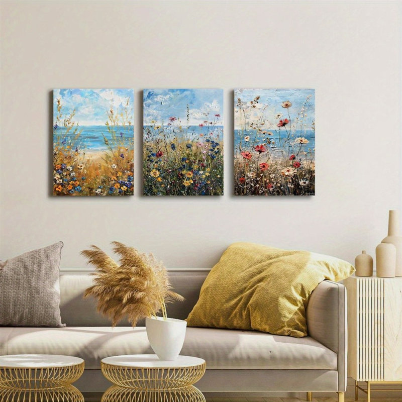 Impression sur toile 3 pièces Farmhouse Coastal Wildflower, 18 x 12 pouces 3 pièces