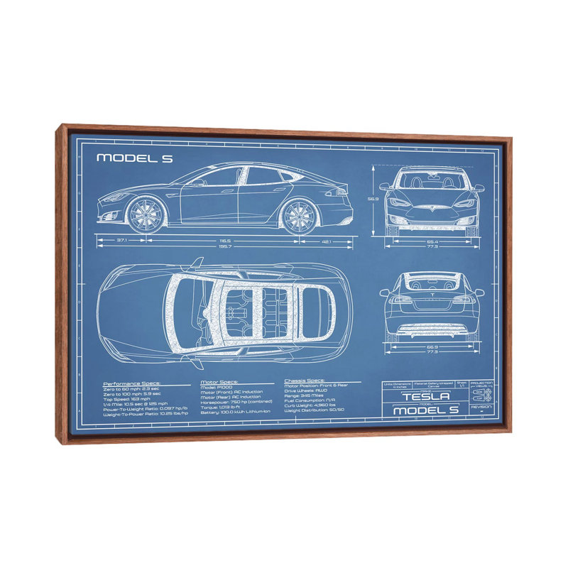 Modèle Tesla S (2016-2020) Blueprint-impression de dessin, Pas de tapis, H 18 po x l 26 po x P 1,5 po