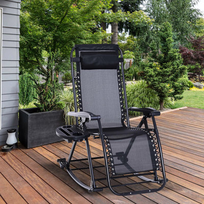 Foldable Reclining Chair - Outdoor Gravity Rocker With Phone Slot & Cup Tray Gravity Rocking Recliner Pillow, Holder Stand, Black