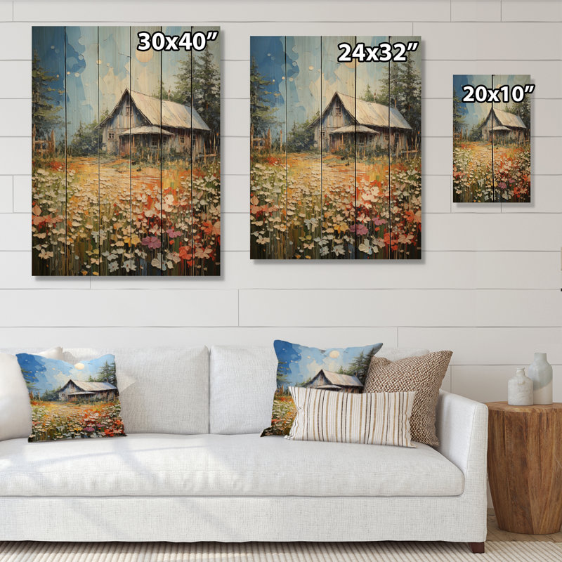 Farmhouse Reflections Pointillism On Wood Print, H 32 po x l 24 po x P 0,78 po