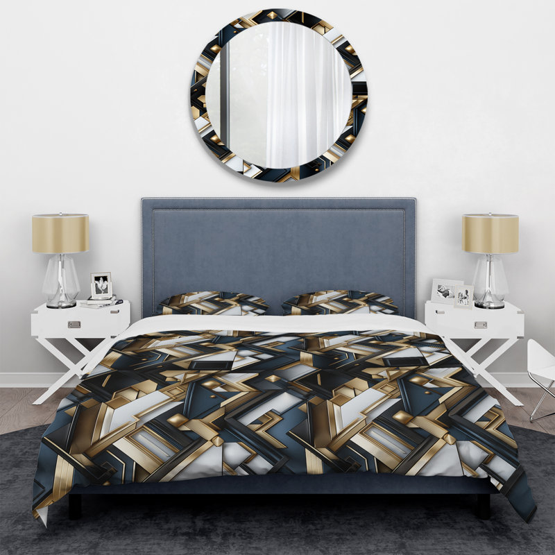 Ensemble de housse de couette géométrique noir et or Retro Mosaic Perspectives II - microfibre de polyester