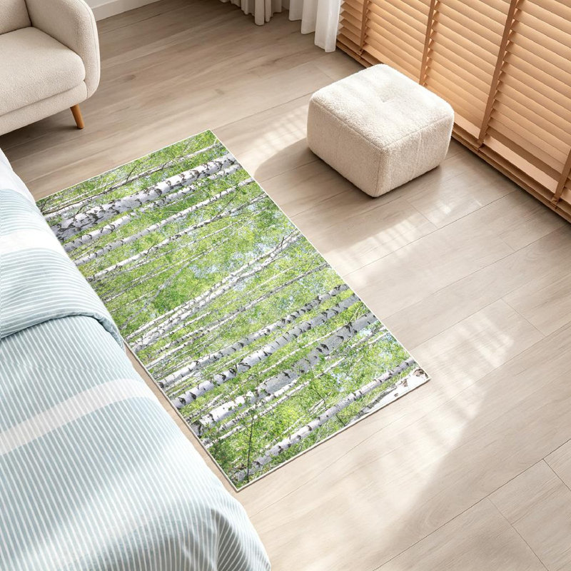 Green Tree Birch Forest Sunlight Morning Summer Abstract Machine Washable Indoor Area Rug, Rectangle 32" x 47"