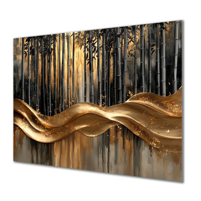 Golden Arashiyama Bamboo River III - Bamboo Metal Wall Art, Traditional Metal Art Print