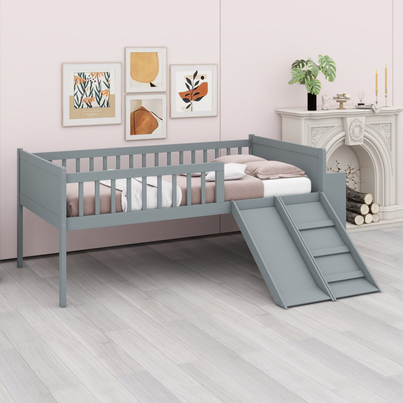 Easy Assembly Wooden Bed Frame with Slide, Ladder, Storage Shelf, and Safety Rail, Gray