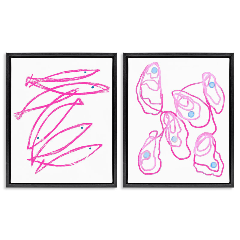 Minimal Pink Fish & Oysters 2pc Floating Frame Set, design by Lil' Rue, 21" H x 17" W, Jet Black Floater Frame