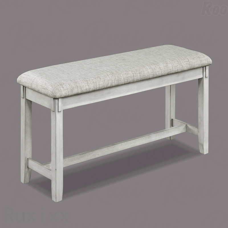 Banc 1 pièce à hauteur standard - Finition bois flottant, siège rembourré en tissu gris et blanc, pieds fuselés, style contemporain et transitionnel