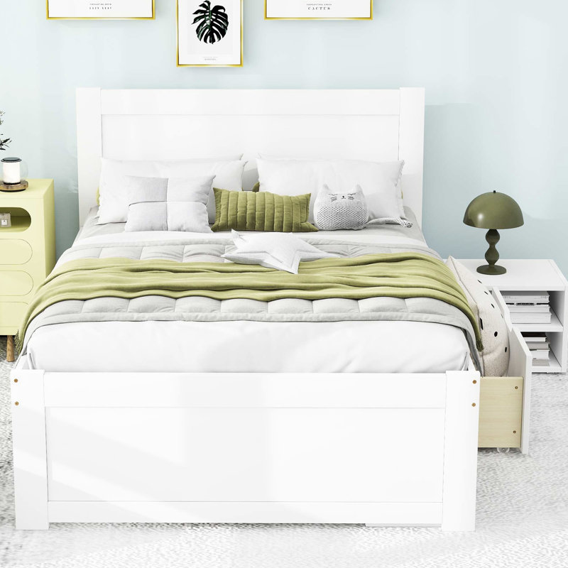Lit avec tiroir et deux tablettes pratiques, Lit simple, Blanc antique