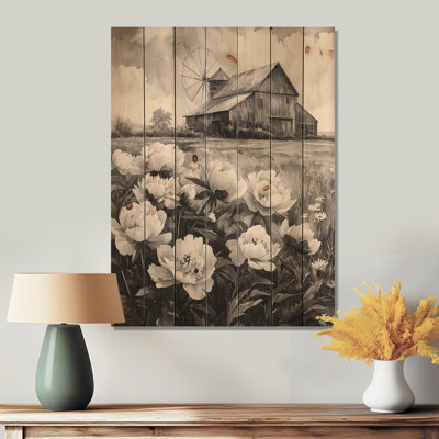 Pivoines monochromes à la ferme II - art mural en bois pivoines - sur bois de pin naturel