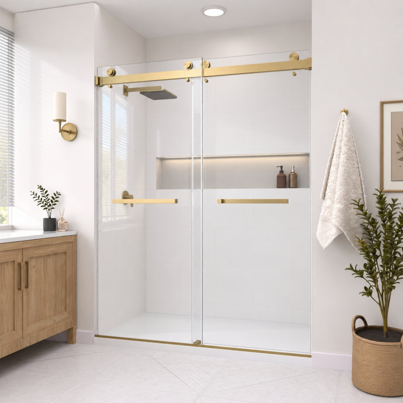 Porte de douche coulissante double en bronze brossé avec verre transparent 3/8 po Catalyst, L 60 po x H 76 po, Bronze brossé