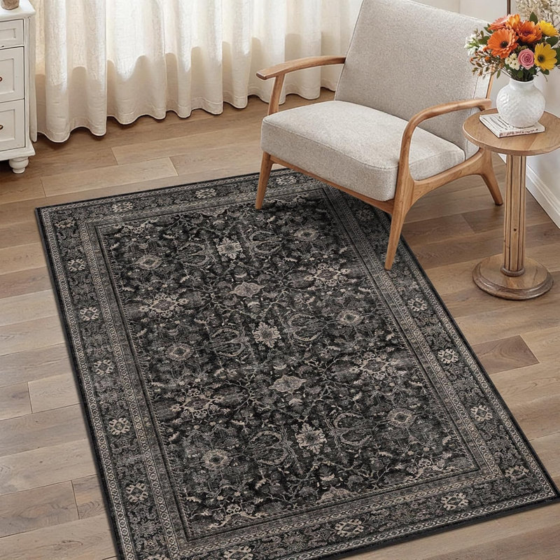 Tapis délavé lavable, antidérapant et doux, Rectangle 3'x5', Black/Dark Blue