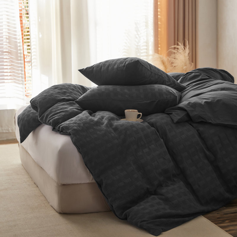 100% Waffle Weave Cotton Duvet Cover Set, Full, Charcoal Grey