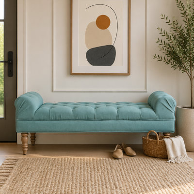 Banc bout de lit capitonné, grand repose-pieds rembourré, repose-pieds avec pieds, tabouret avec accoudoirs roulés, banc rembourré en tissu
