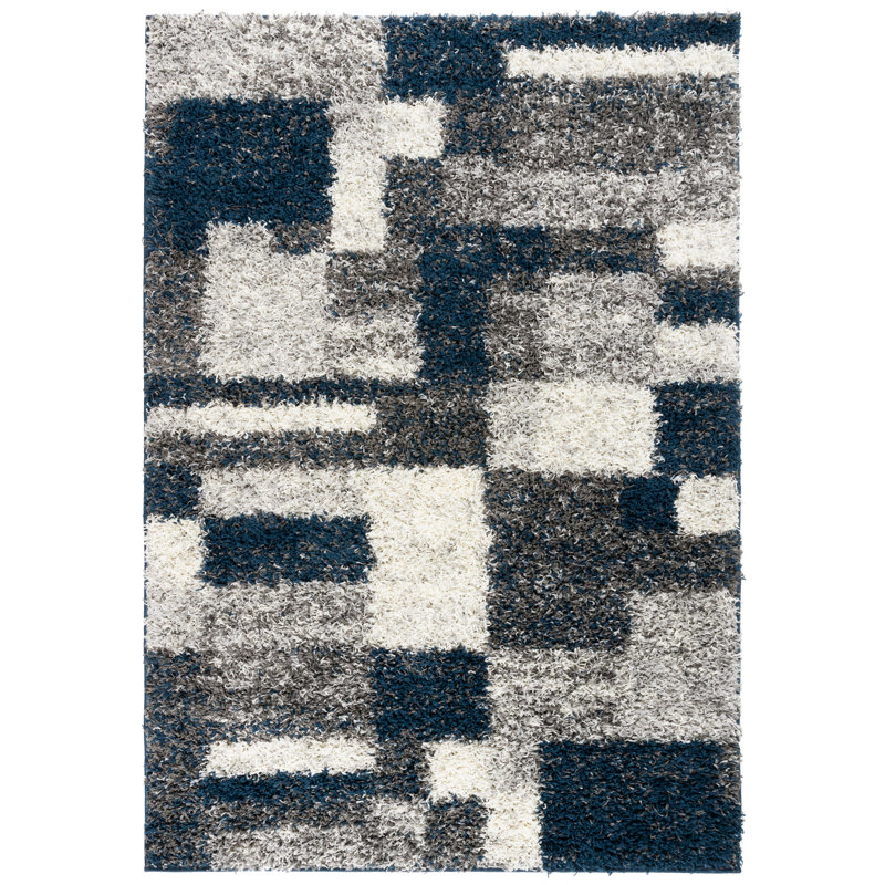 Farmerville Geometric Shag Navy/Gray/Ivory Area Rug, Rectangle 5' x 7'