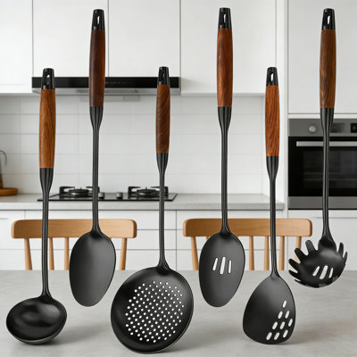 Professional 6-Piece Stainless Steel Kitchen Utensils Set With Heat-Resistant Wood Handle - Includes Spatula, Spoon, Ladle, Skimmer, Slotted Spoon, And Pasta Server