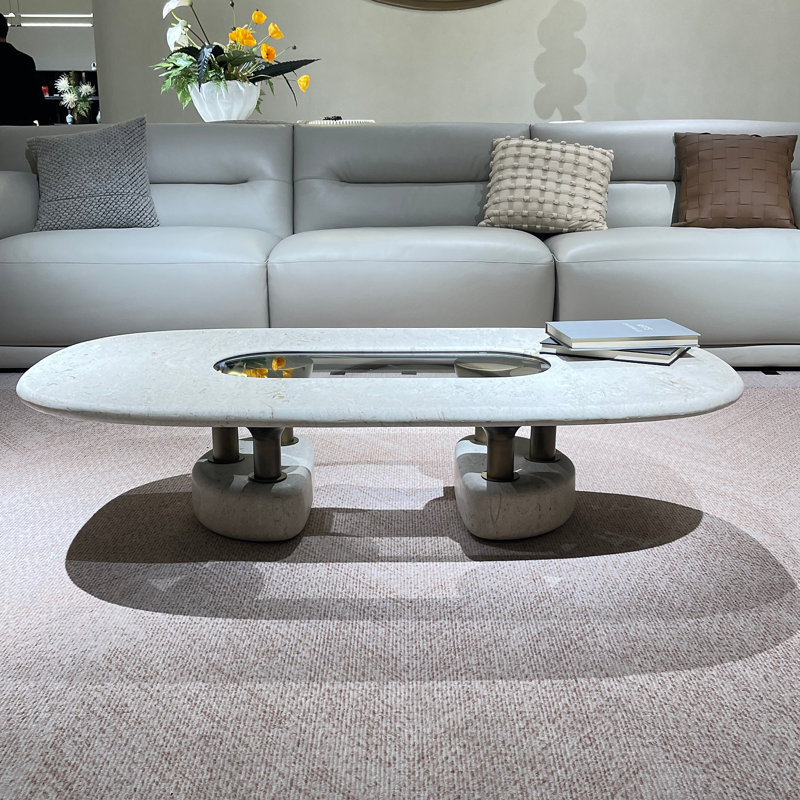 Table basse moderne avec plateau en marbre Jade Hare, tablette en verre ultra-transparent et base en acier inoxydable Jade-Tone