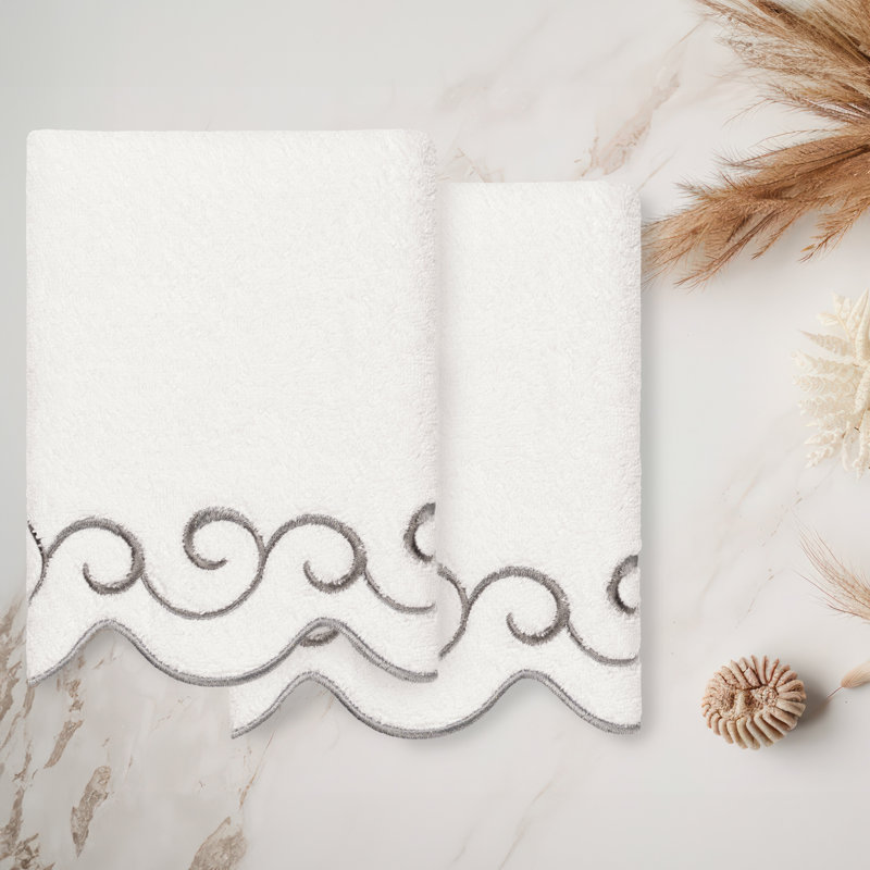  100% Turkish Cotton SIMPLICITY Scallop 2PC Embellished Hand Towel Set, Hand Towel - 2 Pack, White/Gray