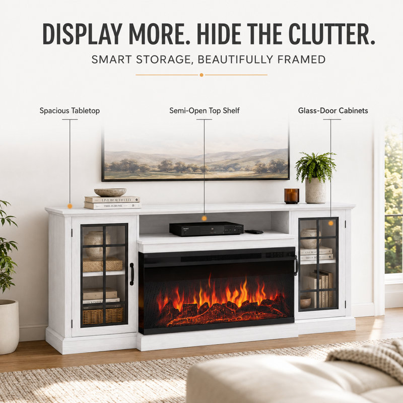 Farmhouse TV Stand with 36" Electric Fireplace and Glass Cabinet, White, 31.4”H x 13.8”L x 70”W