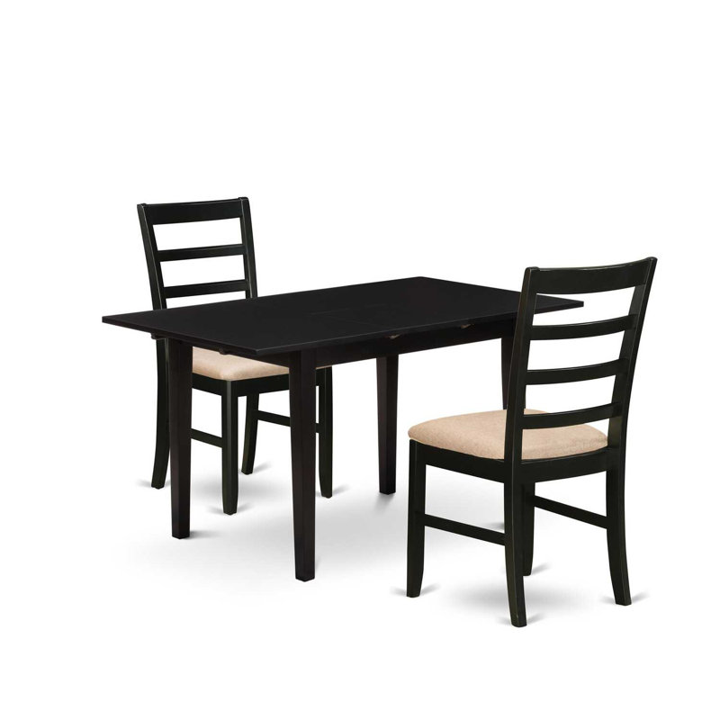 Ensemble de table de salle à manger 3 pièces comprenant une table de cuisine rectangulaire avec rallonge papillon et 2 chaises en tissu de lin, noir
