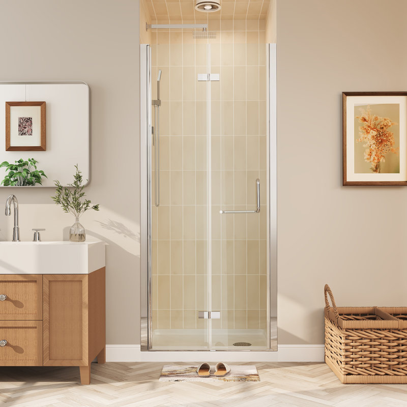 Portes de douche pliantes sans cadre en chrome avec verre transparent, Chrome chrome