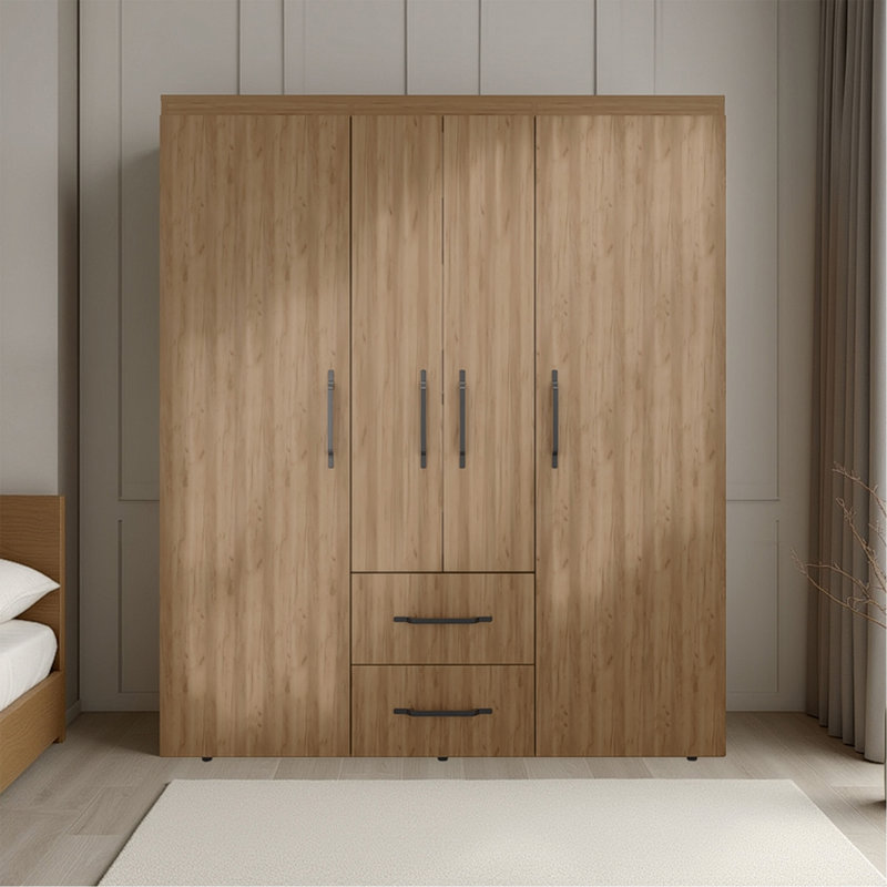 Armoire 4 portes avec tiroirs et tablettes de rangement, design moderne, chêne naturel, Clair naturel